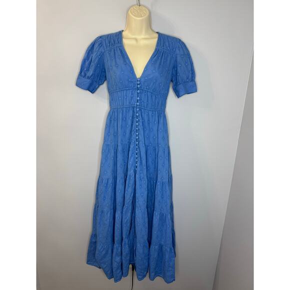 ANTHROPOLOGIE Tiered & True Maxi Dress Blue Vacation Coastal Beach Women's XXS - Picture 2 of 13